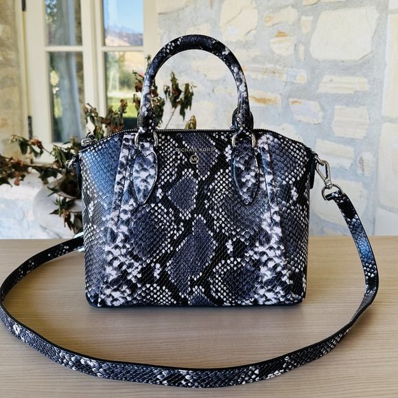 Michael Kors SIENNA Medium Python Embossed Leather Messenger Bag Black/White NWT - Picture 1 of 7